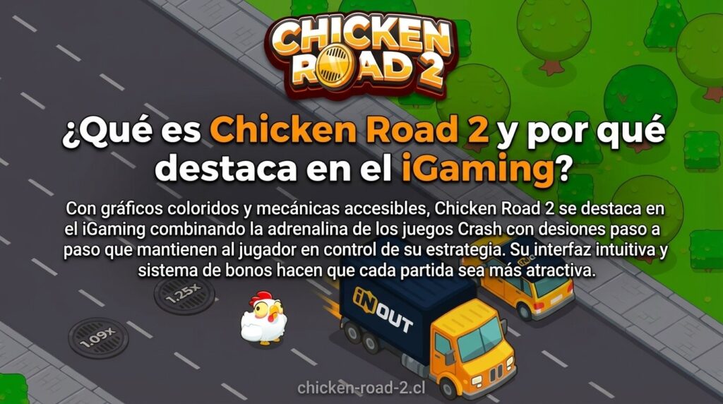 Captura de pantalla de juego de Chicken Road 2 con un gran camión semirremolque y un coche en una carretera de varios carriles, con un titular que pregunta por qué el juego destaca en el género de iGaming y juegos Crash.