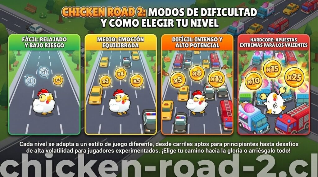 Infografía que muestra cuatro niveles de dificultad para Chicken Road 2: Fácil (bajo riesgo, 1x-3x), Medio (equilibrado, 2x-5x), Difícil (intenso, 5x-12x) y Hardcore (apuestas extremas, 10x-25x) con densidad de tráfico creciente.